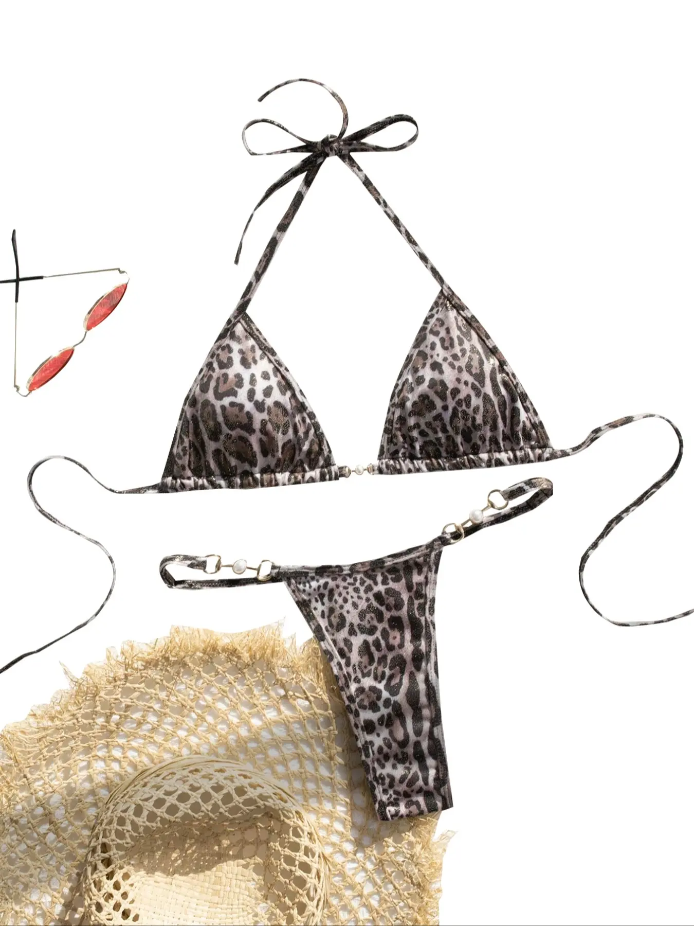 A two-piece bikini featuring leopard print thin straps, high-waisted, backless, swimsuit for women, with pearls embellishing the chest, Triangle Bikini Set, Leopard Print Bikinis, High Waisted Bikini Sets, Leopard Print Swimwear