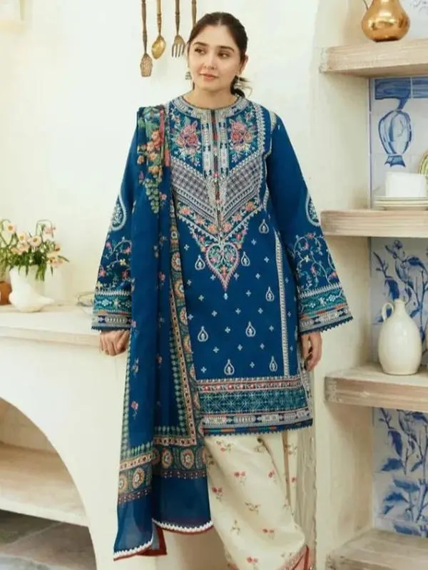 Designer Dress - 3PC Machine Embroidered Dhanak Suit Set by Sky Cashmere Matching Womenswear