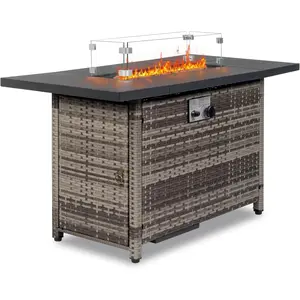 43 "Gas Firepit Table, 50,000 BTU Outdoor Propane Fire Pit, Rattan Finish, Spliced Metal Tabletop, Lava Rock, Rain Cover, Windshiel for Patio Garden or Thanksgiving - Grey