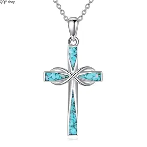 Silver Origami Turquoise Cross Pendant Necklace, Minimalist Religious Cross Jewelry, Elegant Adjustable Chain Neck Accessory, Spiritual Faith Gift for Women Men Daily Casual Worship Wear