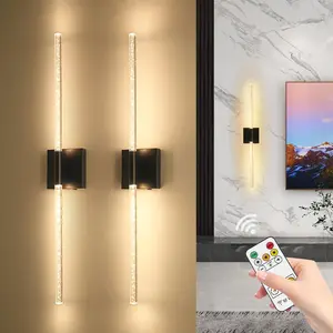 Set of 2 LED Wall Sconces, Black and Gold / 80cm Modern Rectangular Crystal Wall Sconces - Rechargeable with Remote Control - Dimmable - Ideal for living room accent walls, hotel corridors, hallways, and home interiors