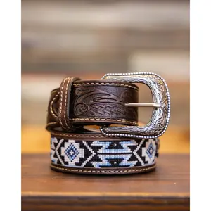 Blue Aztec Brown Hand Tooled Belt