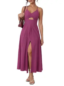 BTFBM Women's 2026 Summer Sleeveless Spaghetti Strap Maxi Dress V-Neck Cutout Slit Beach Party Dress with Pockets