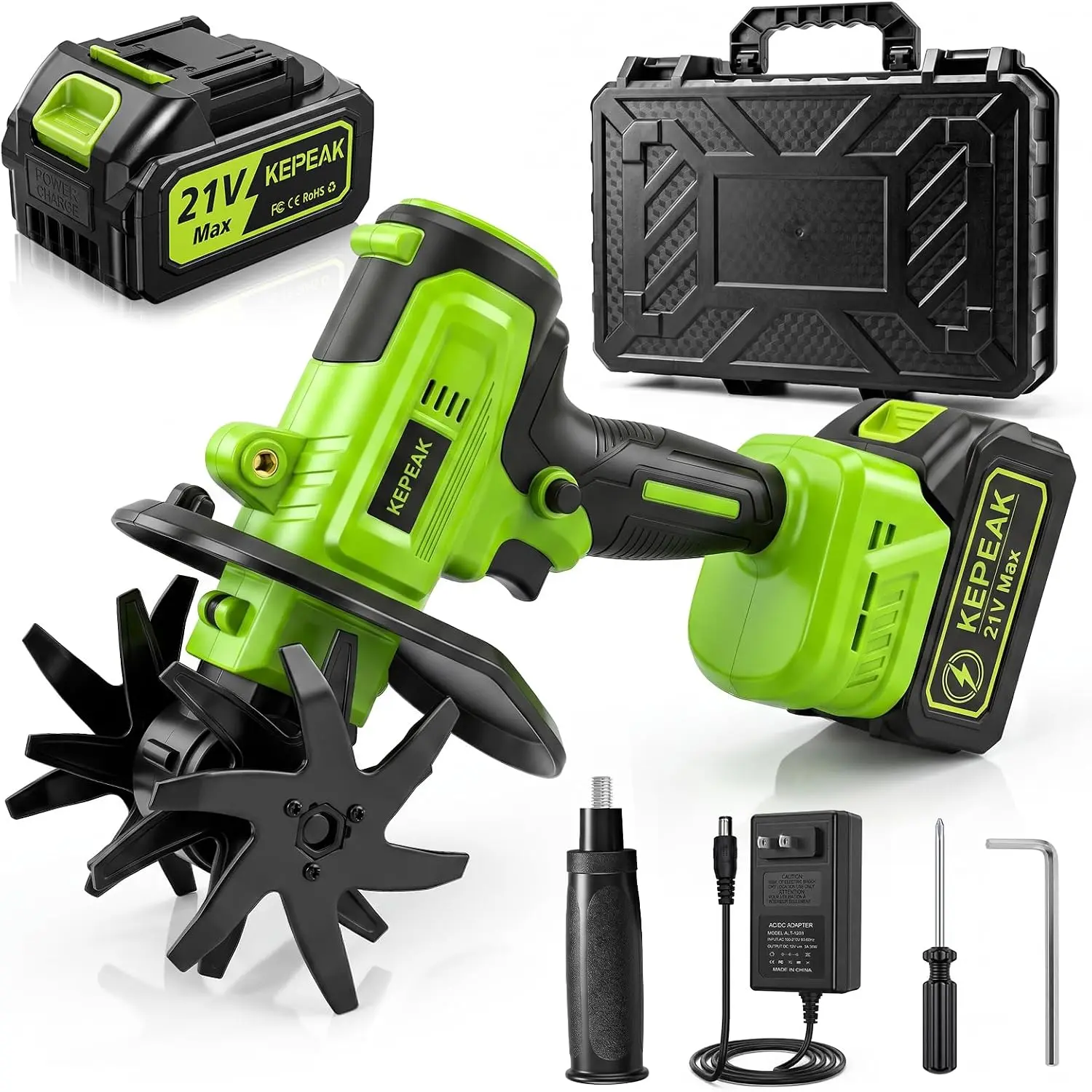 【BackToSchool】 KEPEAK 10-Cell Lithium-Powered Micro Tiller with 1300mAh US Plug Charger Kit, Portable Handheld Soil Tilling Machine Full Set with Carry Box & Rechargeable Battery, Gas-Free for Small Backyard Gardening