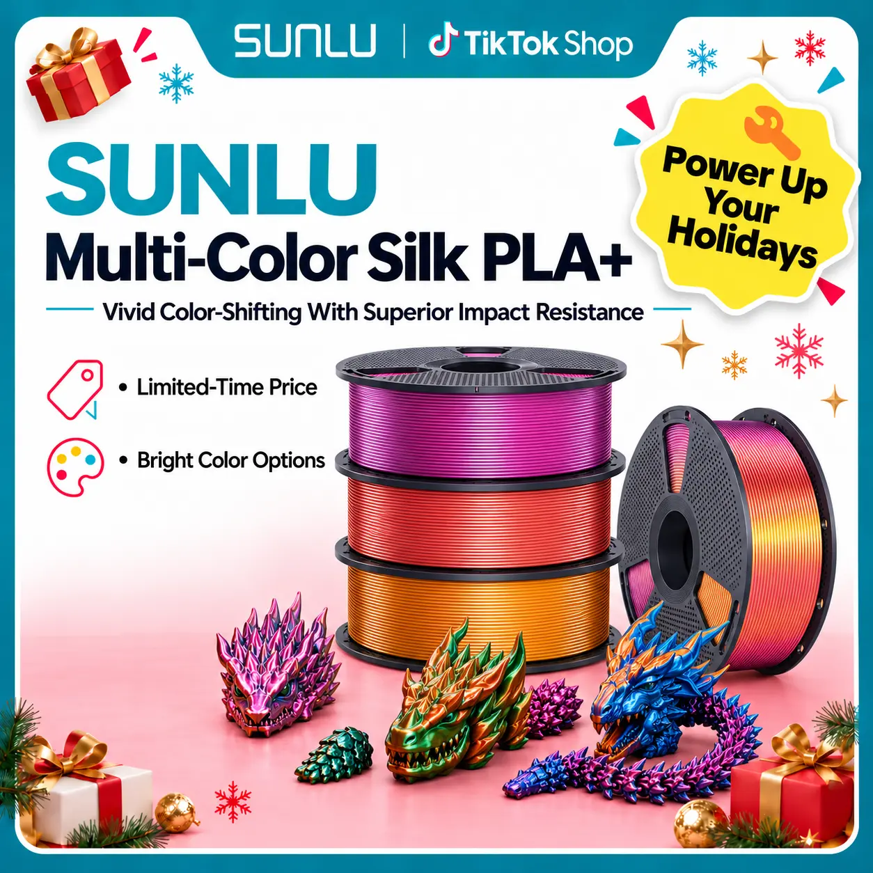 SUNLU 1.75mm SILK 3D Printer Filament Bundle - Dual-Color Black+White/Triple-Color/4-Color Black+Grey+Red+Yellow, 1KG/3KG/6KG Options, Artistic Brilliance, Compatible with Most 3D Printers, 6737 Series Back to School