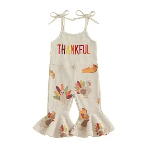 Toddler Baby Girl Thanksgiving Outfit Turkey Print Romper Spaghetti Strap Gobble Jumpsuit Bell Bottoms Outfit