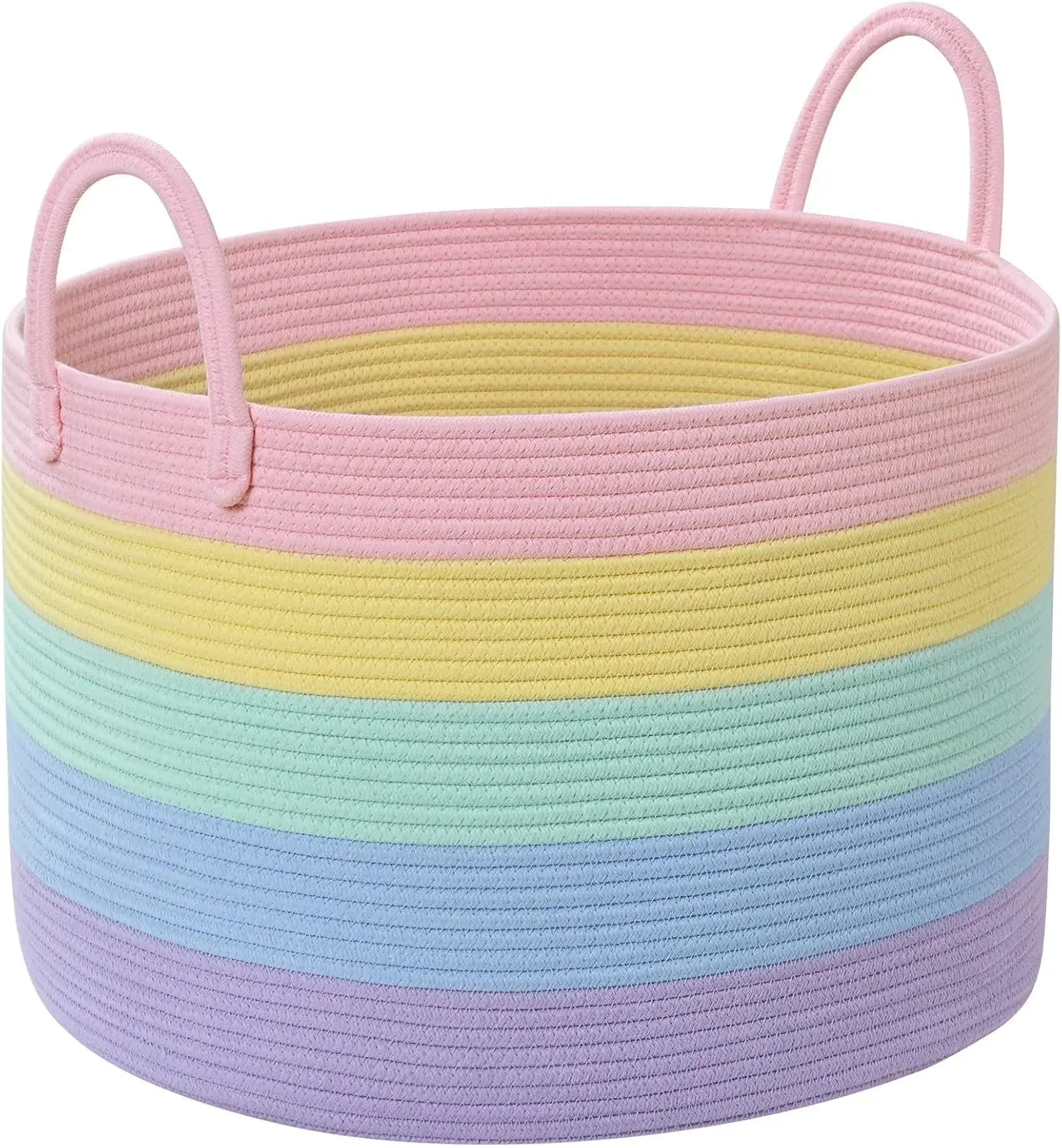 67L Large Rainbow Blanket Basket, Cotton Rope Baby Laundry Hamper with Handles, Kids Toy Basket for Classroom & Nursery, Soft Round Stuffed Animal Storage, Dog Toy Bin - 20"x13", Light Rainbow Boho Jute Foldable