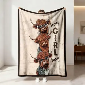 1 piece of highland cow themed blanket, wearing sunglasses and trendy clothes Highland cow farm background elements suitable for sofa, bedroom travel and other occasions, soft, skin-friendly and machine-washable home decoration Cow Pattern Blanket