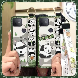 Wrist Strap Durable Phone Case For TCL T-Mobile Revvl 4Plus Kickstand protective Wristband Soft case Back Cover panda Silicone Waterproof ring Dirt-resistant Cartoon Anti-knock