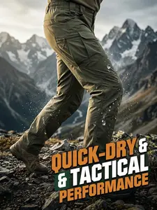 Men's Tactical Workwear Quick-Dry Pants, Elastic Waist, Multi-Functional Pockets, Outdoor Hiking Climbing Sportswear, Casual Workwear