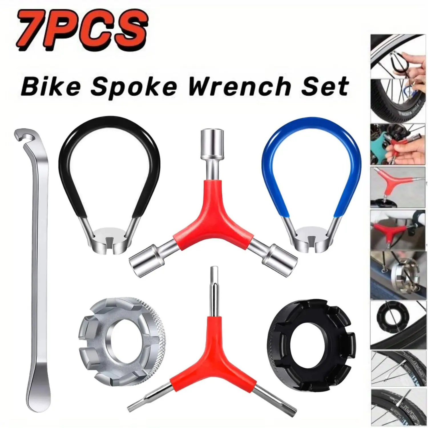 7Pcs 10g-14g Bike Spoke Wrench Repair Kit - Bicycle Accessories, Bike Tools, Hexagon Sleeve Wrench with Rubber Handle, 1 Tire Lever, Y-Shaped Tools, Travel Toolbox for Cycling Repair, Home Improvement