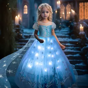 UPORPOR Light Up Princess Dress Girls Costume Princess for Kids Dressing Up Clothes for Christmas Halloween Birthday Party with Blue Cape, Batteries not Included