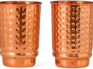 Pure Copper Hammered Drinking Cups - Ayurvedic Health Tumblers – 2 pcs. set -LACQUER Free (11.8 US Fl Oz) Traveller's Copper Cups for Ayurveda Health Benefits (Hammered)
