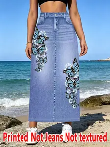Women's Denim Print Long Skirt, High-Waisted Loose-Fit Casual Skirt, All-Over Print, Natural Waist, Spring & Summer Fashion, Bottom, Womenswear