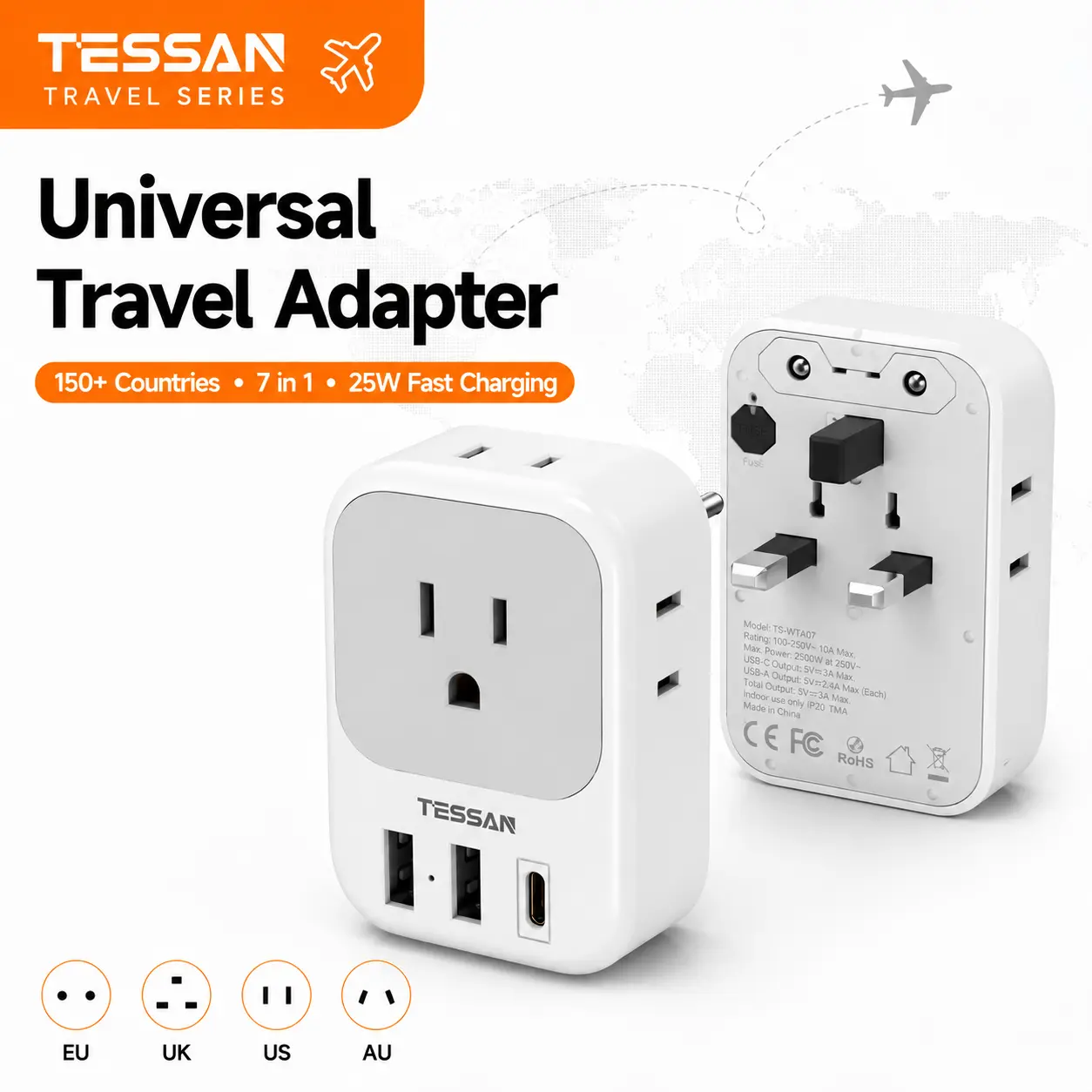 TESSAN International Travel Plug Adapter USB C, 4 AC Outlets & 3 USB Charging Ports, Power Adaptor for Europe, UK, South Africa, Germany, Italy, Japan & Australia