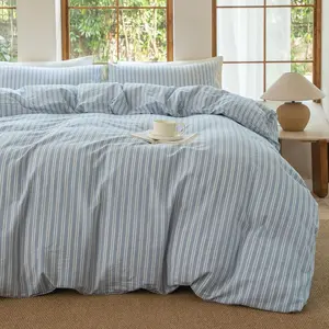 100% Washed Cotton Linen Like Duvet Cover Set 3 Pcs Striped Duvet Cover with Zipper Closure (Strip-Cornflower Blue/White, Full)