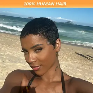 2026 New Wholesale [Real Human Hair Wig] Real Human Hair Pixie Cut Wig with Bangs |   Mother's Day Wig, Glueless, No Lace Front, Straight Style, Natural Black Color, 150% Density, Includes Wig Cap
