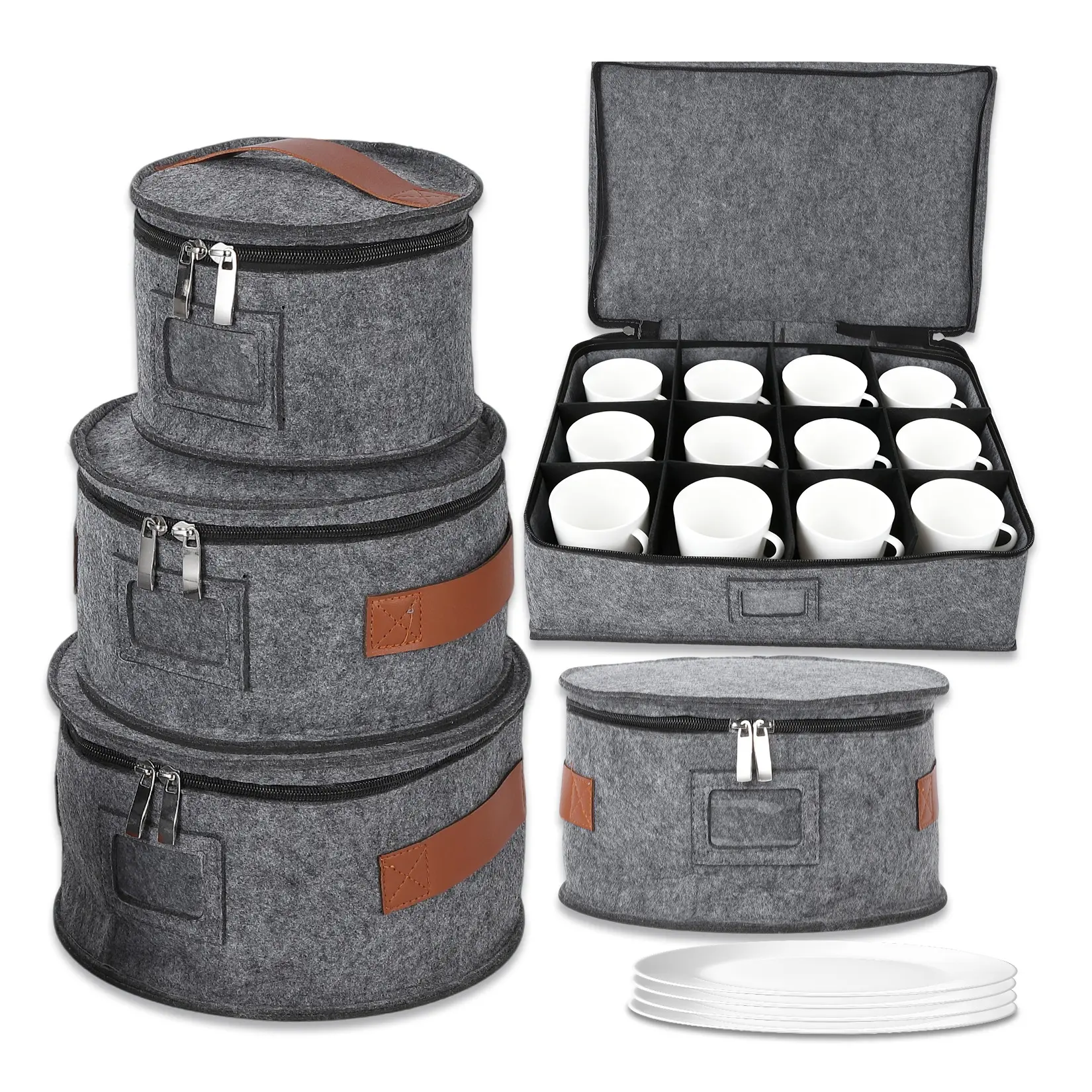 5 Pcs China Storage Containers, Mug Storage Box & Dish Plate Dinnerware Containers for Cups Bowls, Soft Felt China Case for Moving & Protection, Grey