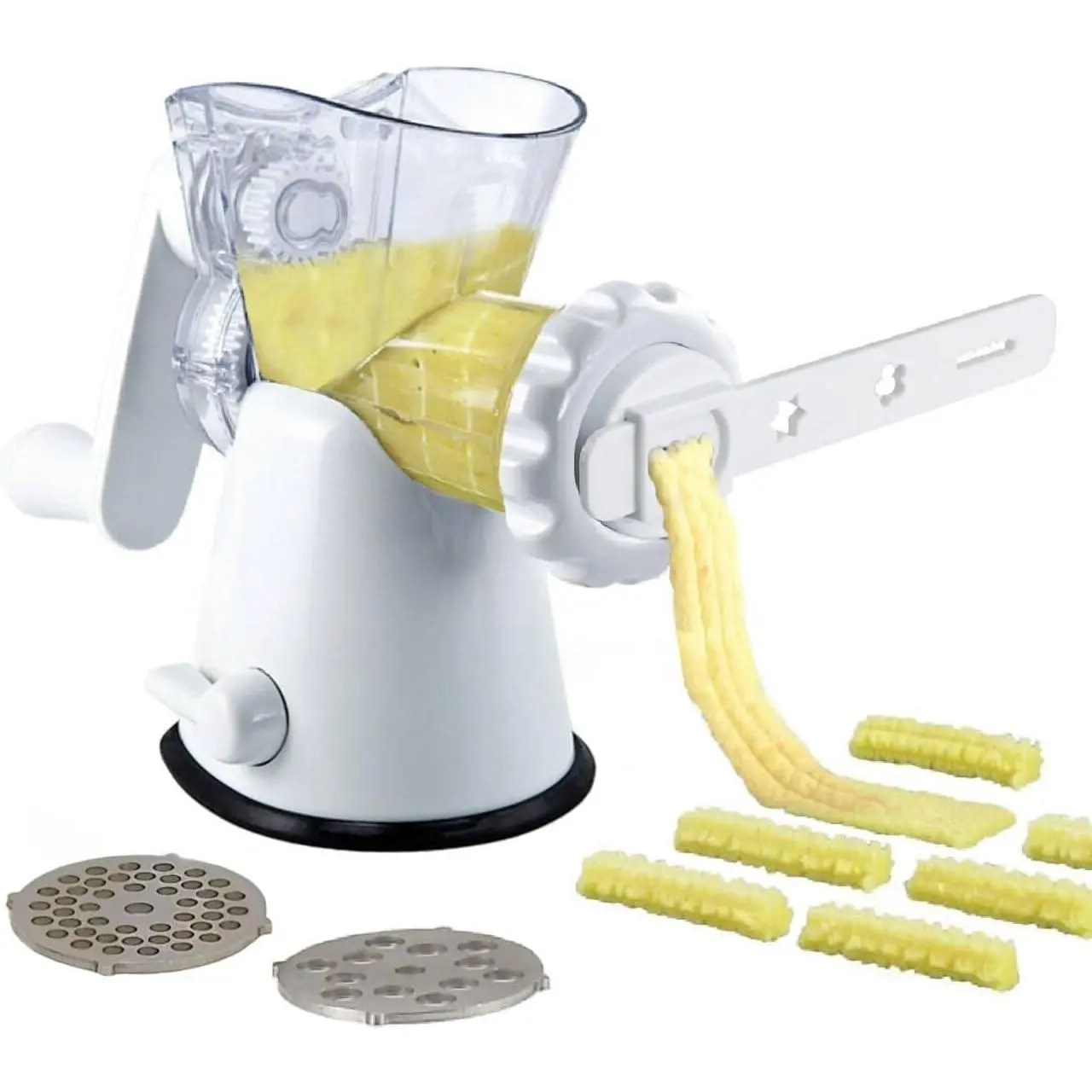 Manual Meat Mincer  & Vegetable Shredder, Biscuit Machine Cookie Maker + Churros/Biscuits Patterns Attachment, White