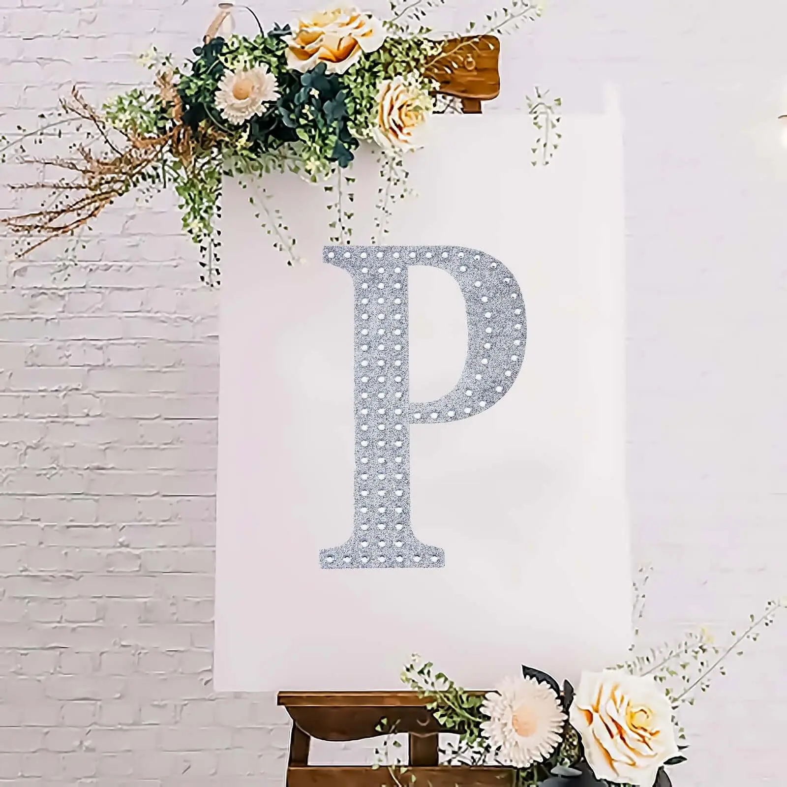 8-in Silver Glitter Rhinestone Alphabet "P" Letter Stickers - Aesthetic Stickers, Decal Art Embellishments, Adhesive Crafts for DIY Scrapbooking, Stamping, Party, Wedding