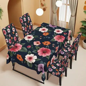Colorful Floral Tablecloth Chair Set, 5/7 Piece Set, Home Dining Room Decoration, Elastic Chair Covers and Tablecloth Combo
