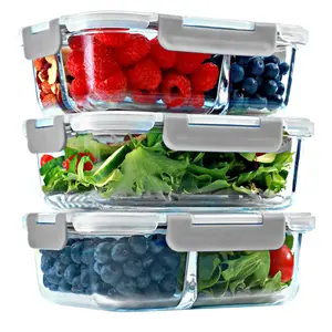 1 & 2 & 3 Compartment Glass Meal Prep Containers with GRAY Lids (3 Pack, 35 oz)