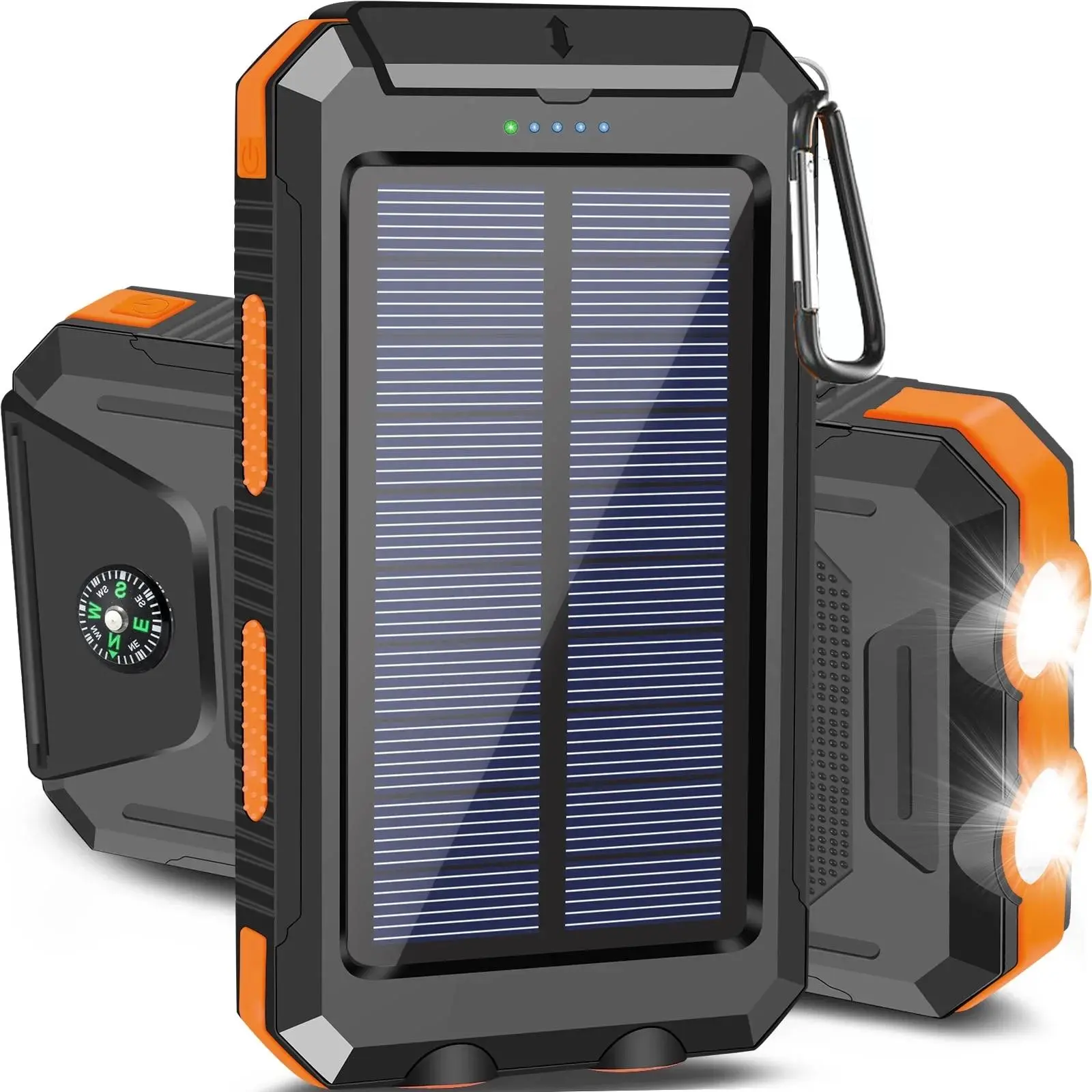 20000mAh Solar Powered Power Bank, High-Capacity Chargeable Mobile Accessories Portable Charger with Built-in USB-A, Type-C, Micro USB Ports, Quick Charge, Flashlight, Carabiner, Compact Waterproof Design for Smartphones, Outdoor Emergencies, Devices