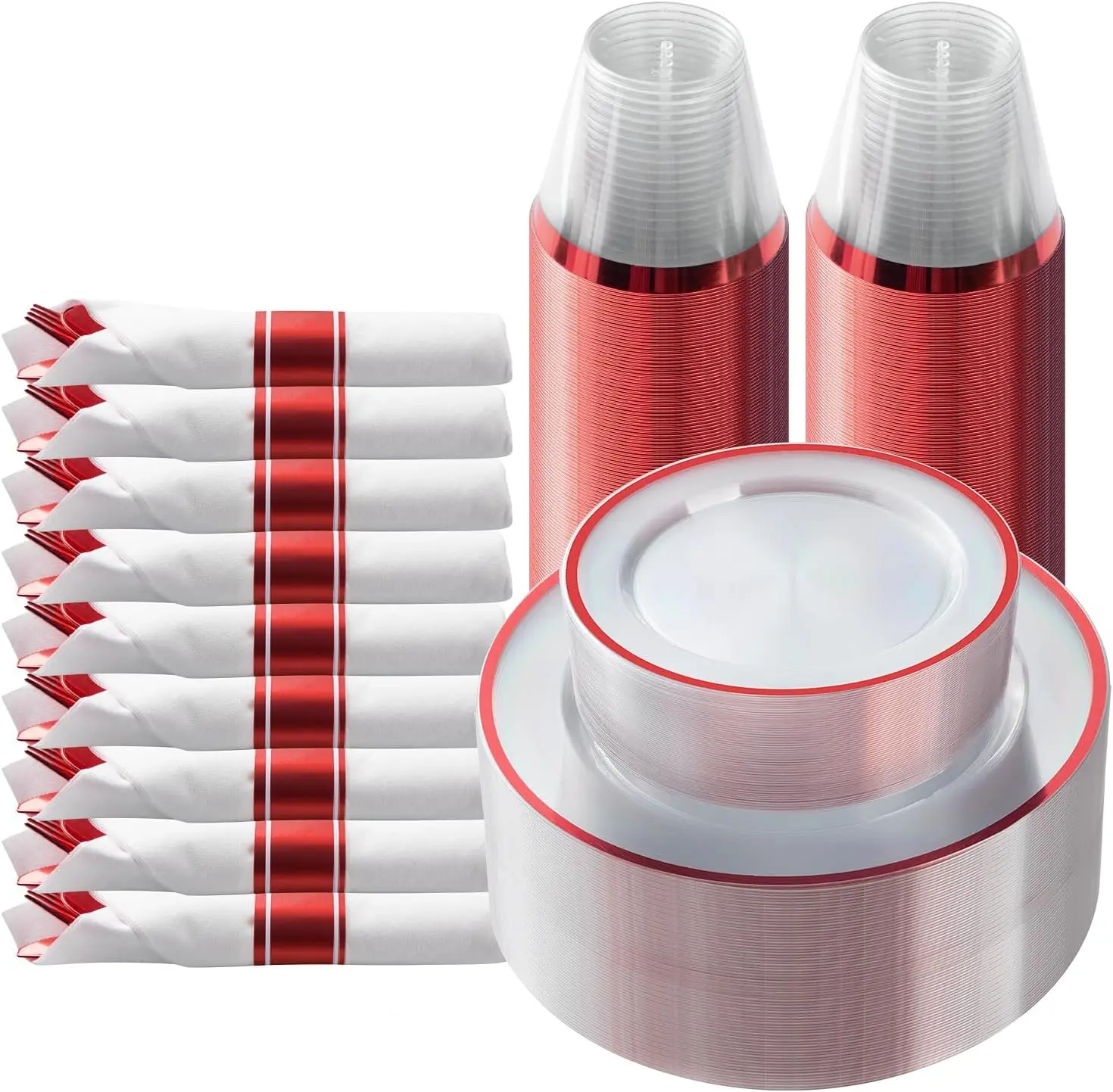 175 Piece Red Plastic Dinnerware Set for Party, Clear Disposable Elegant Plates for 25 Guests, Include: 25 Dinner Plastic Plates, 25 Dessert Plates, 25 Pre Rolled Napkins with Cutlery Set, 25 Cups