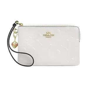 COACH Corner Zip 15 Logo Heart Charm Patent Leather Mini Wallet for Women in Chalk White