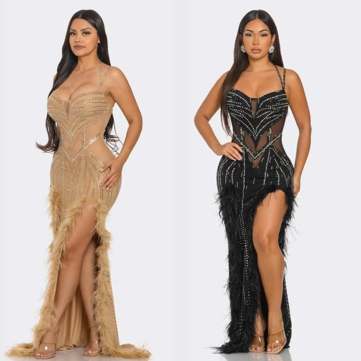 Feather Rhinestone Mesh Cutout Gown – Luxury Evening Maxi Dress