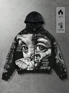 Street Life Angel Printed Zipper Cardigan Hoodie Men's Fashion European and American Street Trendy Brand Men's and Women's Same Style Drawstring Hoodie Warm Lining Sweatshirt, Autumn/Winter Hoodie Ins Style