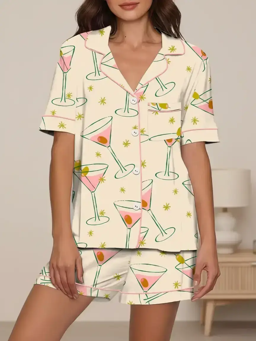 Spring Summer Women's Sleepwear Loungewear Homewear Womenswear Pajama Set Pjs, Open Front Lapel Short Sleeve Shorts, Bottom Martini Glass Star Print, Casual Home Wear Matching Pj Set