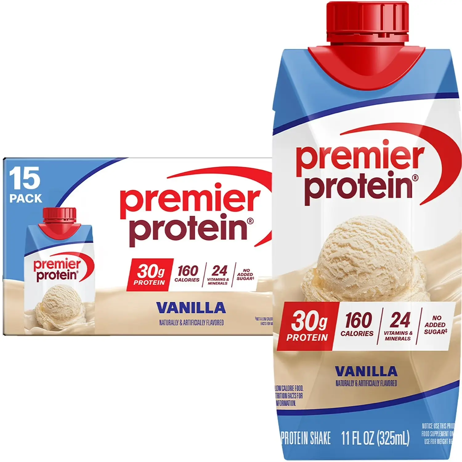 Premier Protein 30g High Protein Shake, Vanilla, 11 fl. oz., 15 pk., Gluten Free, Low Sugar Drinks