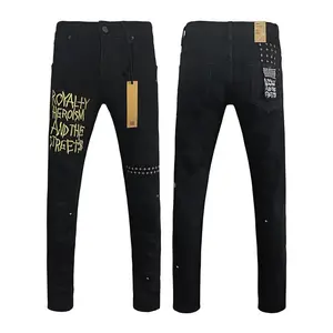 Pure Black KSUBI Men Jeans Cross Brand Hole Trend Low Rise Skinny Denim Pants Pleated Ripped Frayed Trousers KS010