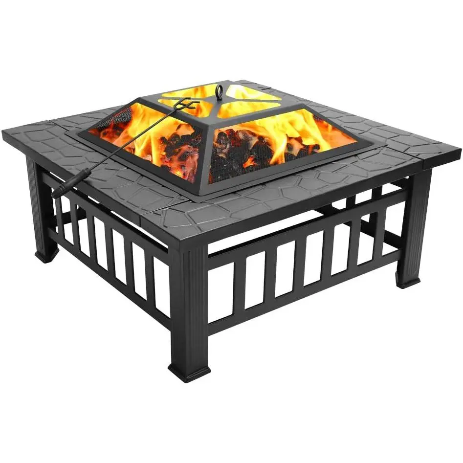VINGLI 32in Heavy Duty Wood Fire Pit Set, Portable Outdoor Fireplace with Mesh Lid and Fire Poker for Backyard, Patio, Christmas Party, Heavy Duty Firepit