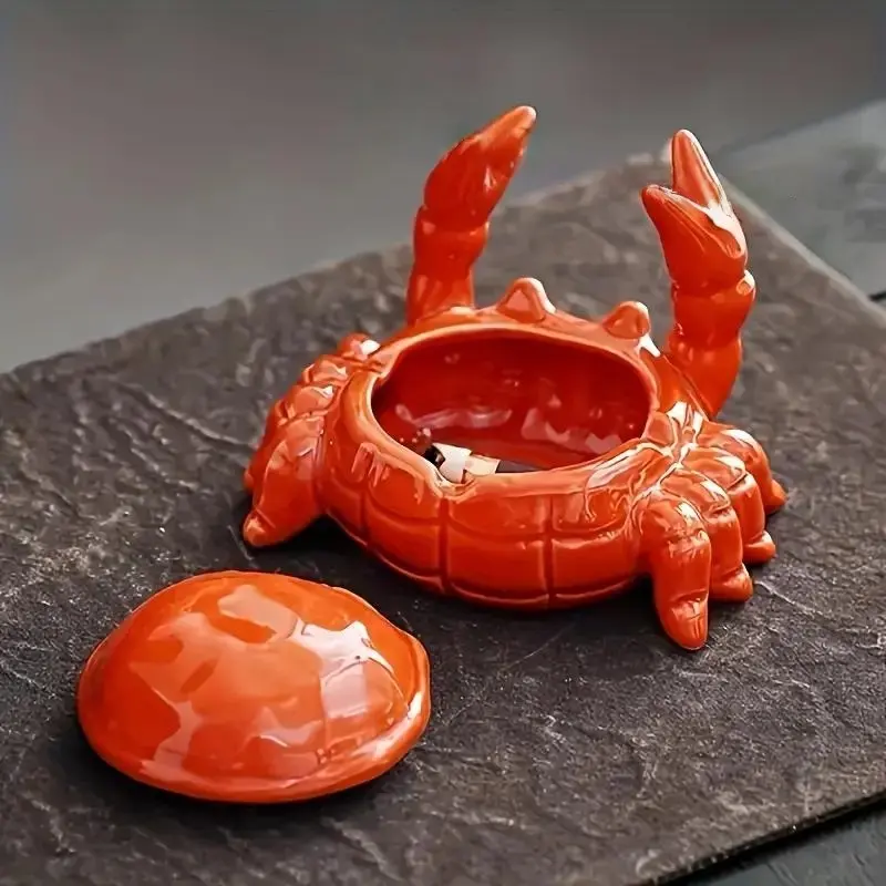 Charming Crab Ceramic Ashtray with Lid, Anti-Fly Home Office Decor, Decor Figurine, Decorative Home Ornament, Ceramic Ornaments, Unique Irregular Shape, No Power Needed, Tea Pet Accessory