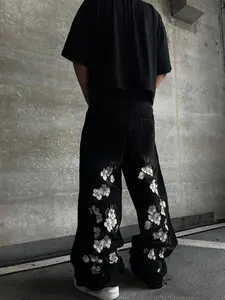 Y2K Sakura Embroidered Loose Wide Leg Jeans, Streetwear Street Style Casual Vintage Denim Floral Embroidery Jeans for Women