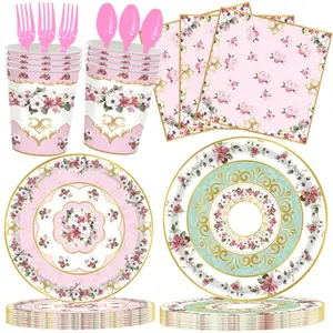 100-Piece Tea Party Decorative Tableware Set, Birthday Party/bachelorette/wedding Bachelor Party Supplies, Floral Dinner Plates & Napkins, 16-Person