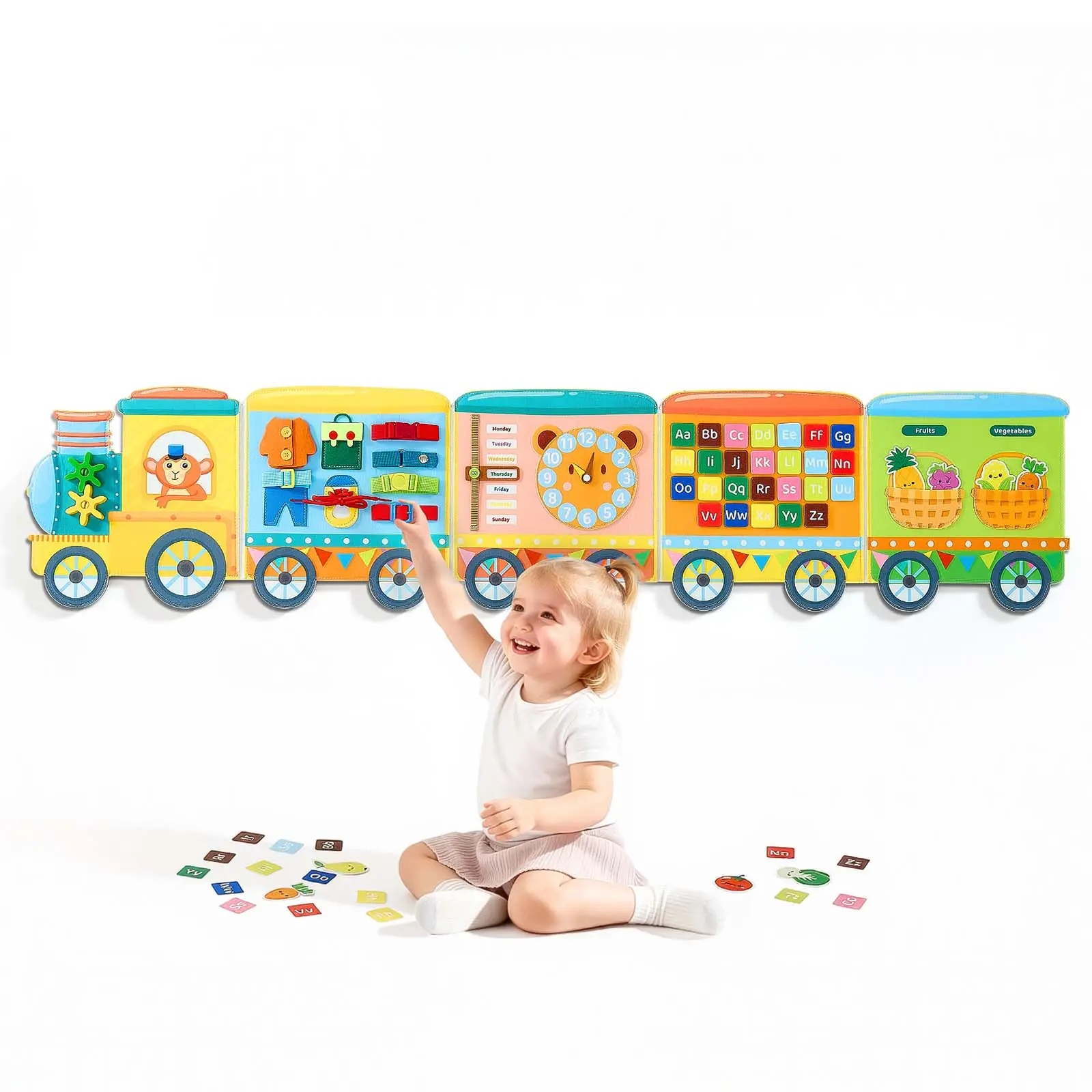 VEVOR Felt Wall Busy Board, 14-in-1 Train Foldable Montessori Activity Toys, Travel Daycare, Classroom, Playroom, Home, Educational Sensory Panel, with Letters Fruits Vegetables Clock Learning Pieces