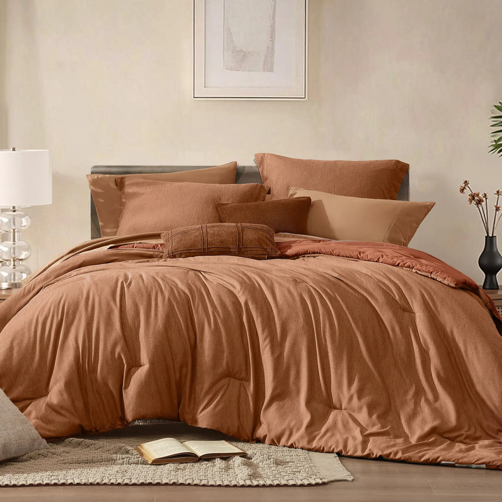 【FallPickDeals】Monbix Queen Size Bed Cover Set - 7-Piece Cationic Dyeing Microfiber Quilt Set, Cloud-Soft Texture, All Seasons Reversible Bedding with Double-Sided Pockets, Sheets, Pillowcases & Shams,familyfun