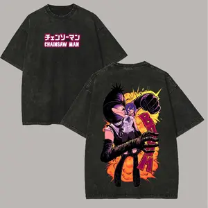 Chainsaw Man Reze Printed Unisex Washed T-Shirt Washed T-Shirt Unisex Retro Fashion T-Shirt Cotton Tee for Casual Outings cotton graphic tees