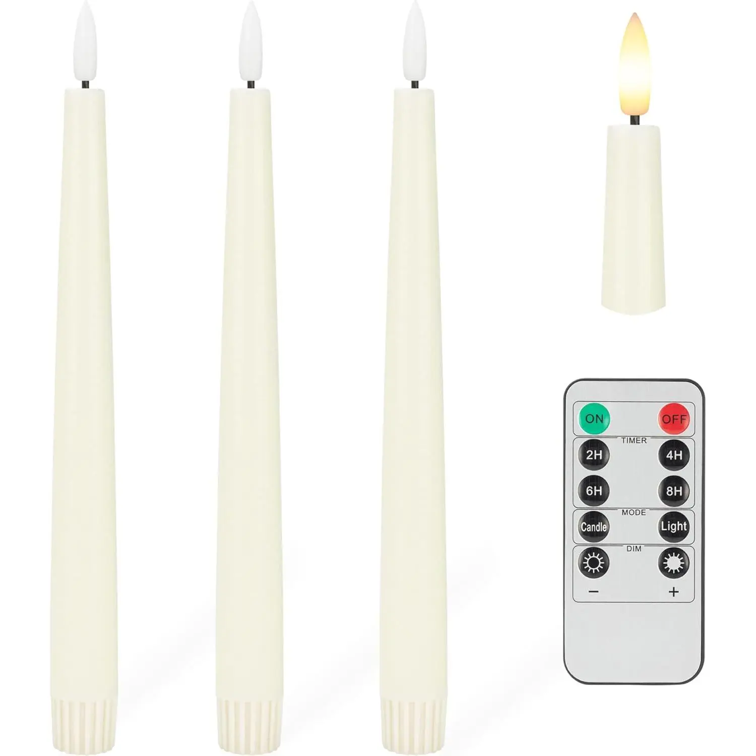 Flameless Taper Candles with 3D Wick, 9.6" Real Wax LED Candles with Remote Timer, 3 Pack Flickering Battery Operated Tall Candles for Home Wedding Party, Ivory