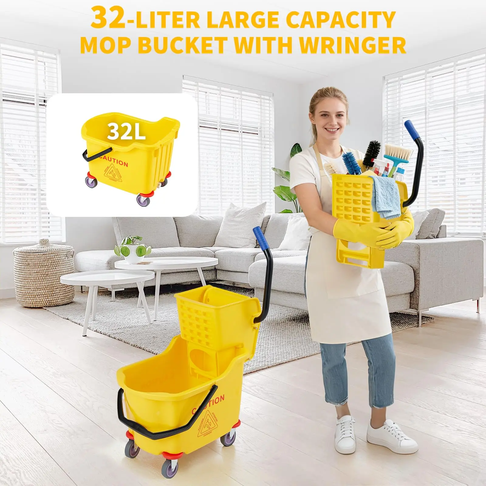 Professional 35L Mop Bucket with Wringer – Heavy-Duty Side-Press Wringer, Rolling Utility Cart for Commercial Cleaning – Ideal for Kitchens, Restaurants, Janitorial Services – Yellow