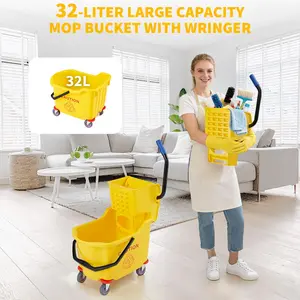 Professional 35L Mop Bucket with Wringer – Heavy-Duty Side-Press Wringer, Rolling Utility Cart for Commercial Cleaning – Ideal for Kitchens, Restaurants, Janitorial Services – Yellow