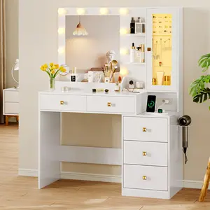 Bedroom Makeup Vanity with Illuminated Mirror, 5 Large Storage Drawers Vanity Set, Adjustable RGB Light, Power Outlet and Matching Chair, White Compact Dressing Table