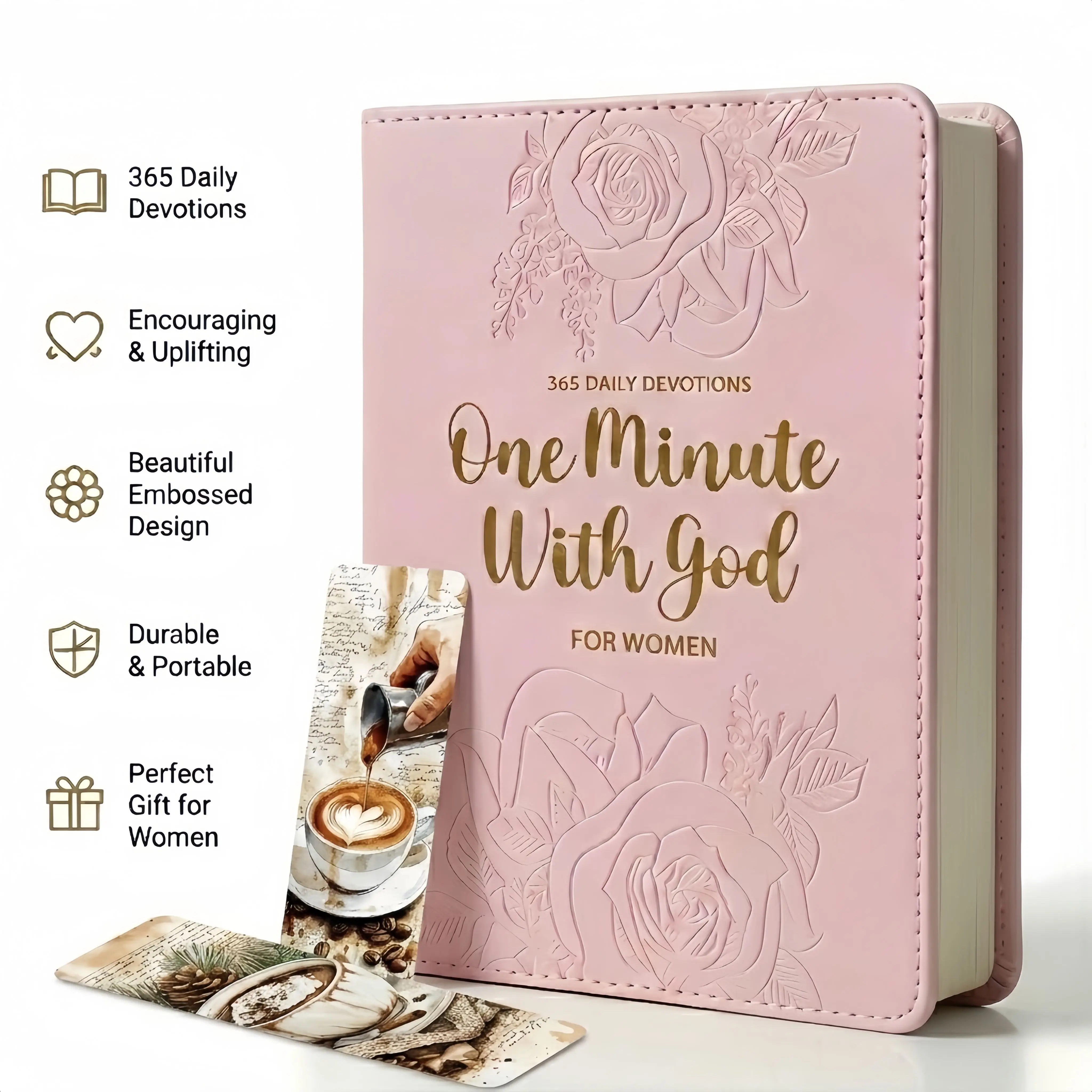 Women's Non-Customized 365 Daily Devotions Notebook - Pink Faux Leather, With Bookmark, Spiritual Christian Office Stationery, 1-Minute Daily Entries, Perfect Gift for Mom & Women