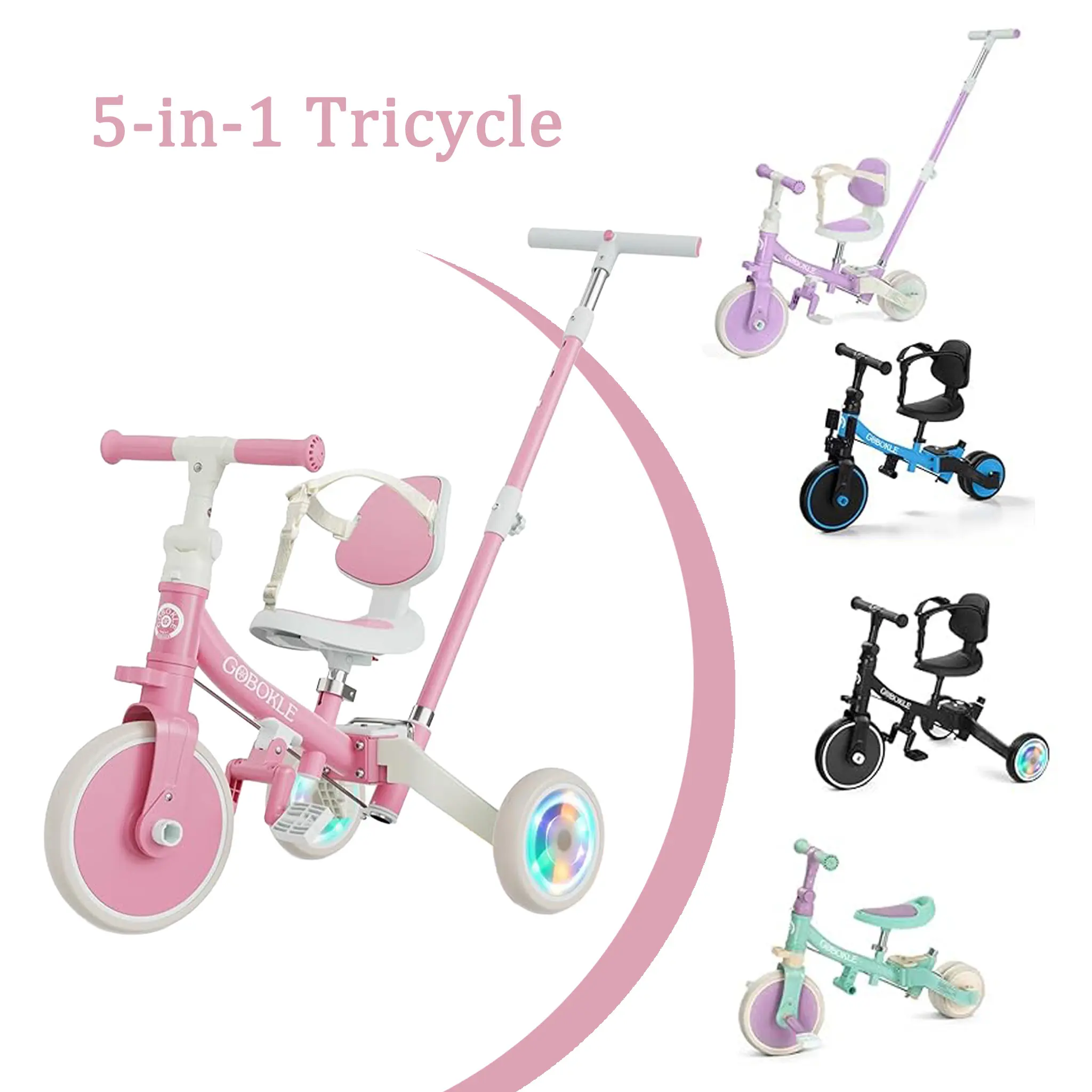 #tiktokshopsummersale 5 In 1 Convertible Toddler Tricycle, Balance Bike with Push Handle, Light Up Wheels, Adjustable Seat & Backrest, Kids Trike for 1-3 Year Olds, Boys Girls Ride On Toy, Gift Idea