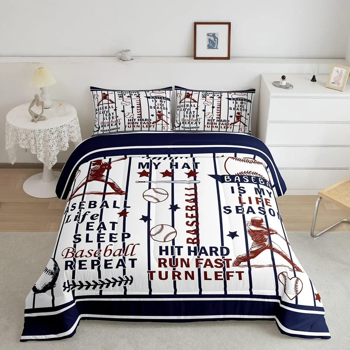 Personalized Baseball Comforter Set Eat Sleep Baseball Bedding Set Sports Game Duvet Quilt White and Navy Blue Bedroom Decor 1