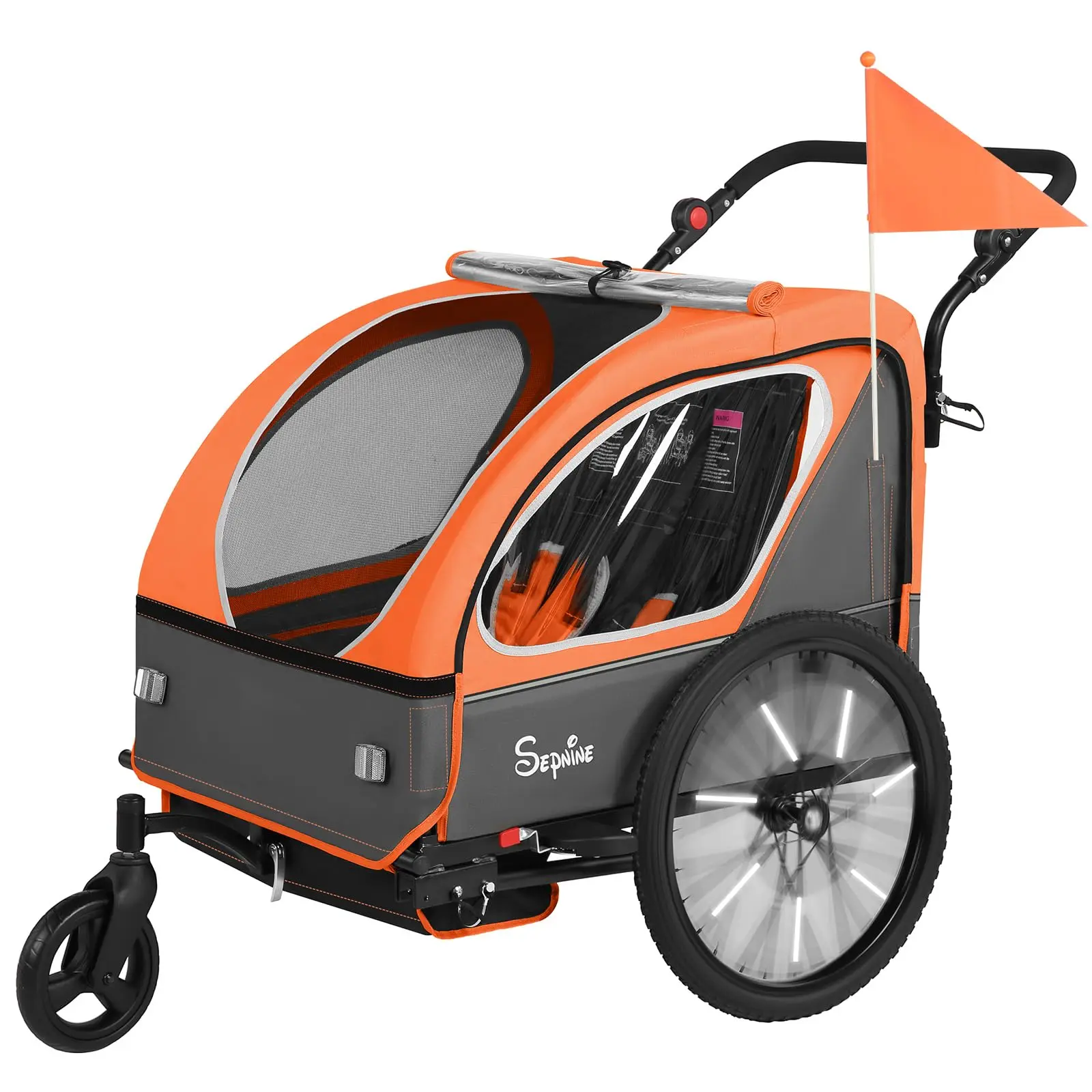 SEPNINE 2-in-1 Kids Bike Trailer & Foldable Stroller for 1-2 Toddlers, Canopy Carrier with Ergonomic Seats, 5-Point Seat Belts & Fast Fold Design for Storage, Ergonomic Seats Support Kids