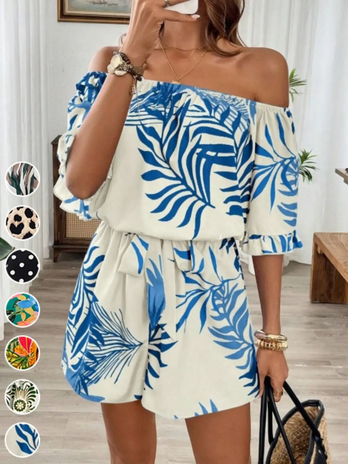 One-Shoulder Beach Vacation Jumpsuit with Printed Design, Boho Casual Waist-Defining Overall Pants for Spring and Summer